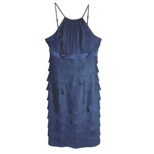 Adrianna Papell Y2K Minimalist Ruffle Dress Womens 6 Navy Blue Tiers Graduation